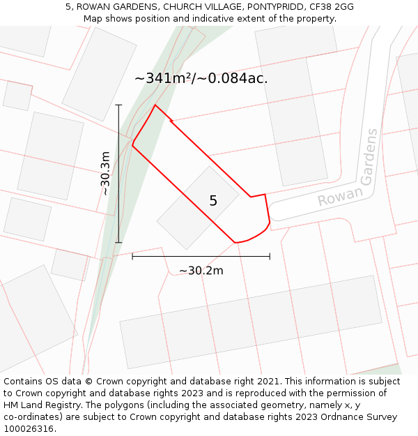 5, ROWAN GARDENS, CHURCH VILLAGE, PONTYPRIDD, CF38 2GG: Plot and title map