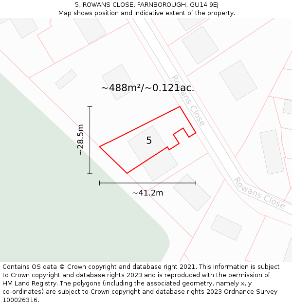 5, ROWANS CLOSE, FARNBOROUGH, GU14 9EJ: Plot and title map