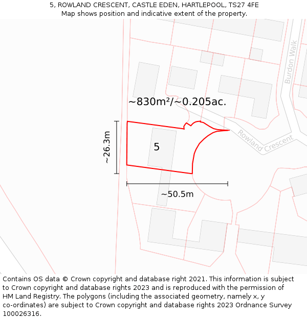 5, ROWLAND CRESCENT, CASTLE EDEN, HARTLEPOOL, TS27 4FE: Plot and title map