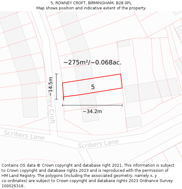 5, ROWNEY CROFT, BIRMINGHAM, B28 0PL: Plot and title map