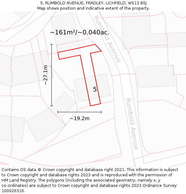 5, RUMBOLD AVENUE, FRADLEY, LICHFIELD, WS13 8SJ: Plot and title map