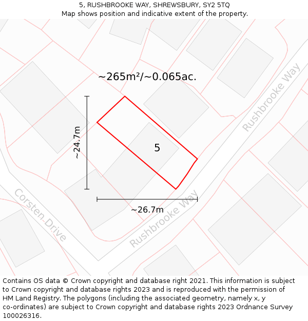 5, RUSHBROOKE WAY, SHREWSBURY, SY2 5TQ: Plot and title map