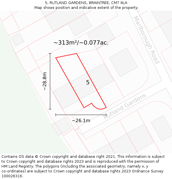 5, RUTLAND GARDENS, BRAINTREE, CM7 9LA: Plot and title map