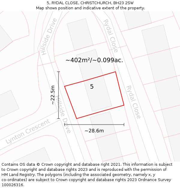 5, RYDAL CLOSE, CHRISTCHURCH, BH23 2SW: Plot and title map