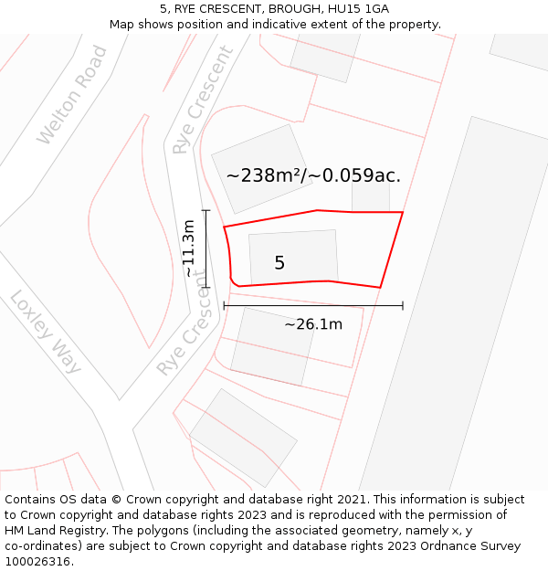 5, RYE CRESCENT, BROUGH, HU15 1GA: Plot and title map