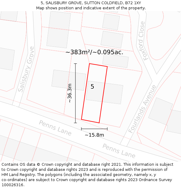 5, SALISBURY GROVE, SUTTON COLDFIELD, B72 1XY: Plot and title map