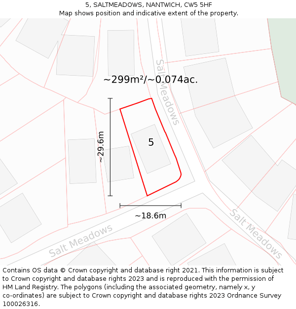 5, SALTMEADOWS, NANTWICH, CW5 5HF: Plot and title map