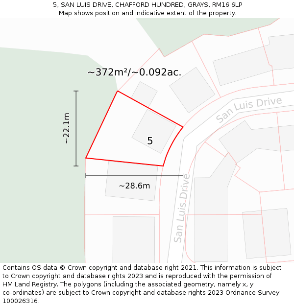 5, SAN LUIS DRIVE, CHAFFORD HUNDRED, GRAYS, RM16 6LP: Plot and title map
