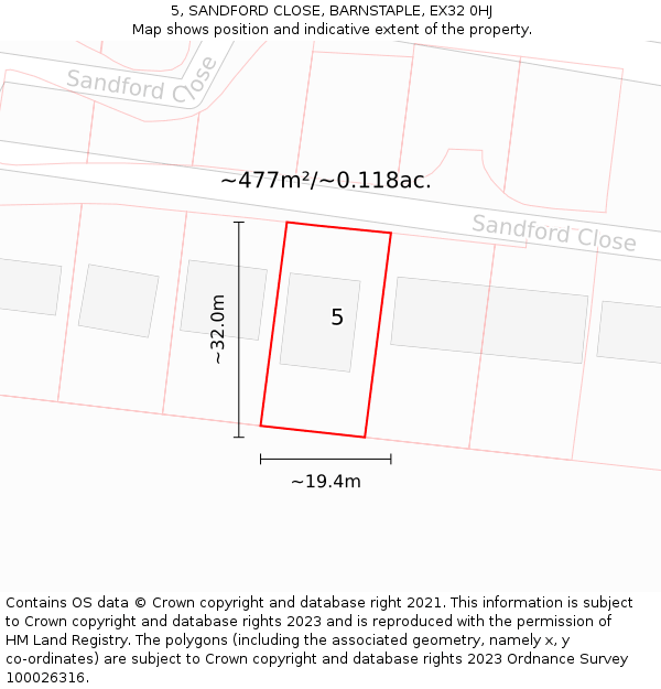 5, SANDFORD CLOSE, BARNSTAPLE, EX32 0HJ: Plot and title map