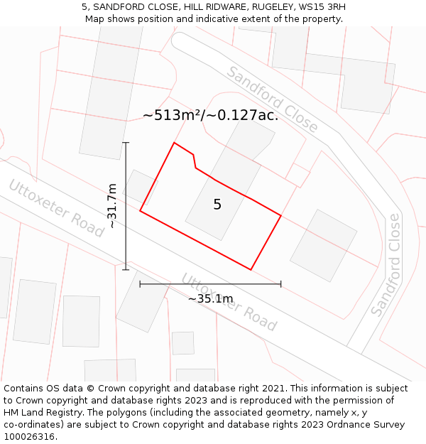 5, SANDFORD CLOSE, HILL RIDWARE, RUGELEY, WS15 3RH: Plot and title map