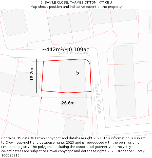 5, SAVILE CLOSE, THAMES DITTON, KT7 0BU: Plot and title map