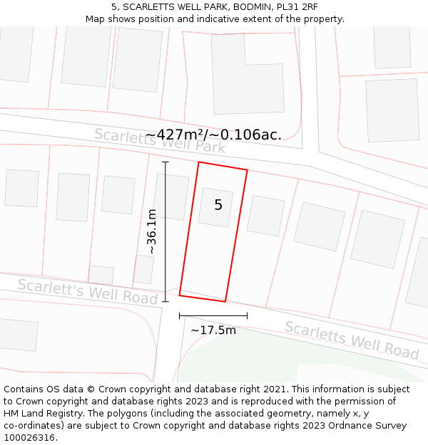 5, SCARLETTS WELL PARK, BODMIN, PL31 2RF: Plot and title map