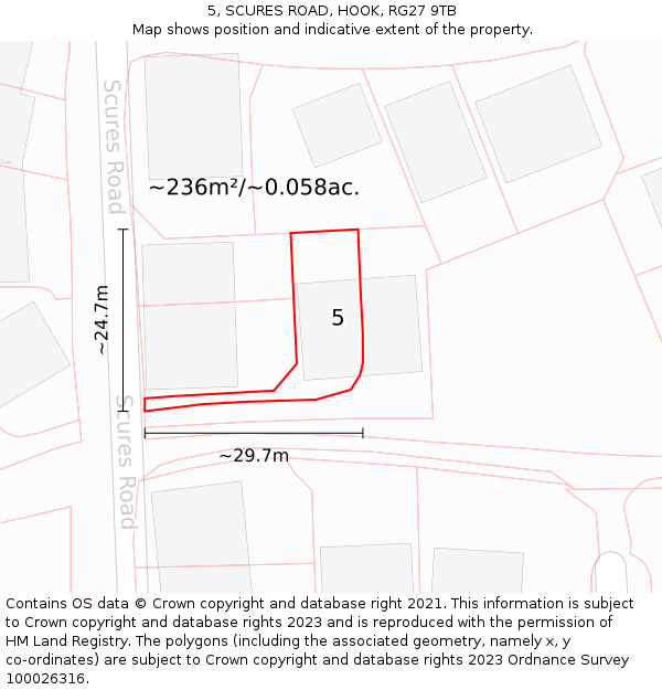 5, SCURES ROAD, HOOK, RG27 9TB: Plot and title map