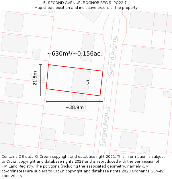 5, SECOND AVENUE, BOGNOR REGIS, PO22 7LJ: Plot and title map