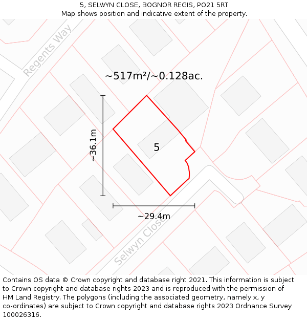 5, SELWYN CLOSE, BOGNOR REGIS, PO21 5RT: Plot and title map