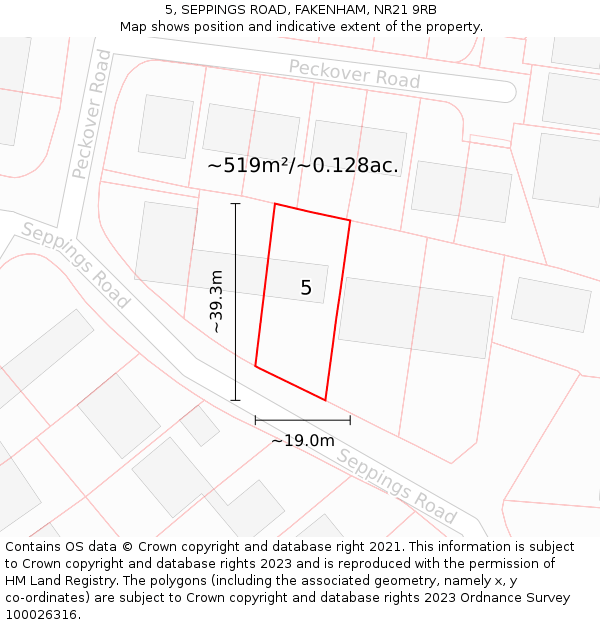 5, SEPPINGS ROAD, FAKENHAM, NR21 9RB: Plot and title map