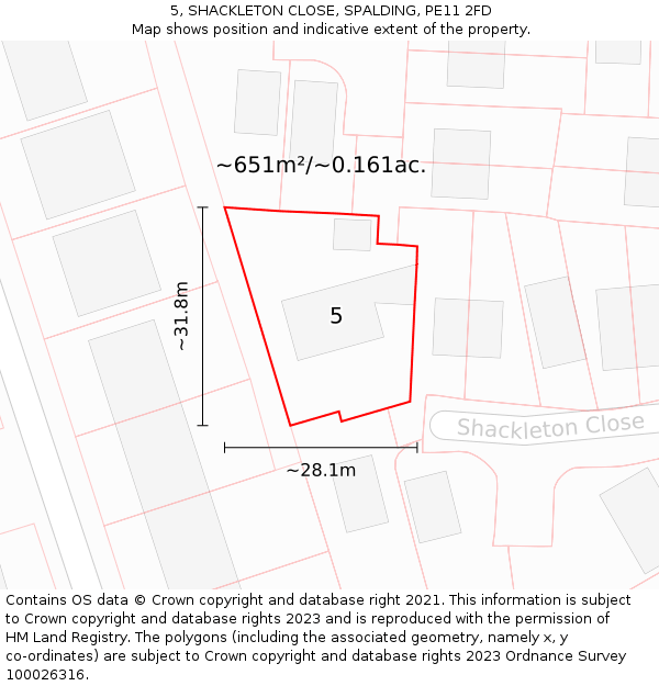 5, SHACKLETON CLOSE, SPALDING, PE11 2FD: Plot and title map