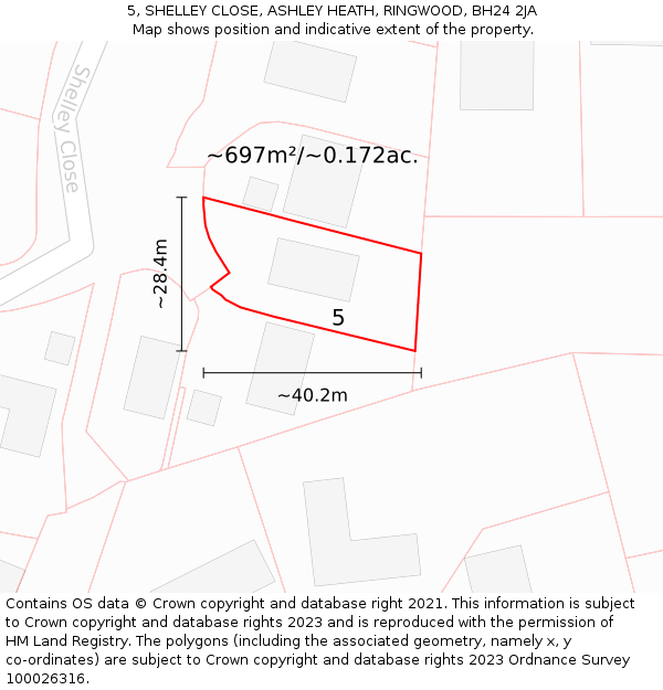 5, SHELLEY CLOSE, ASHLEY HEATH, RINGWOOD, BH24 2JA: Plot and title map