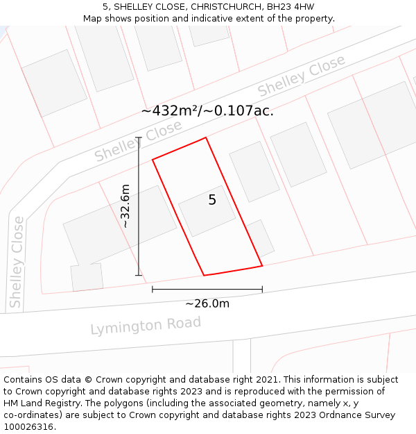 5, SHELLEY CLOSE, CHRISTCHURCH, BH23 4HW: Plot and title map