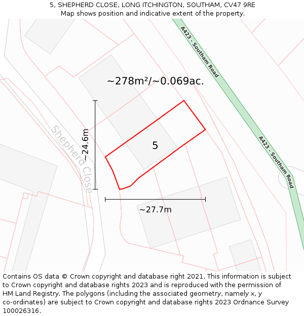 5, SHEPHERD CLOSE, LONG ITCHINGTON, SOUTHAM, CV47 9RE: Plot and title map