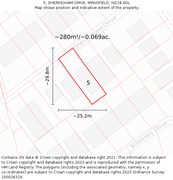 5, SHERINGHAM DRIVE, MANSFIELD, NG18 4DL: Plot and title map