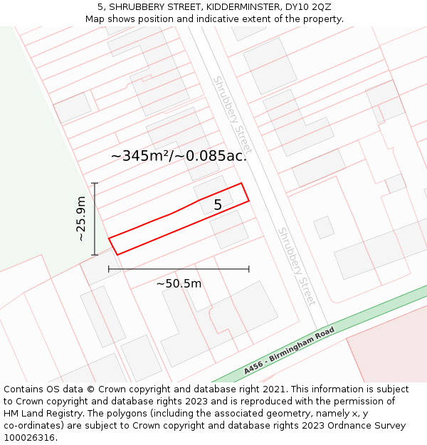 5, SHRUBBERY STREET, KIDDERMINSTER, DY10 2QZ: Plot and title map