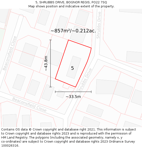 5, SHRUBBS DRIVE, BOGNOR REGIS, PO22 7SQ: Plot and title map