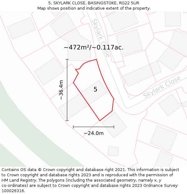 5, SKYLARK CLOSE, BASINGSTOKE, RG22 5UR: Plot and title map