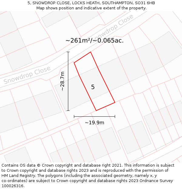 5, SNOWDROP CLOSE, LOCKS HEATH, SOUTHAMPTON, SO31 6HB: Plot and title map