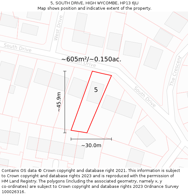 5, SOUTH DRIVE, HIGH WYCOMBE, HP13 6JU: Plot and title map