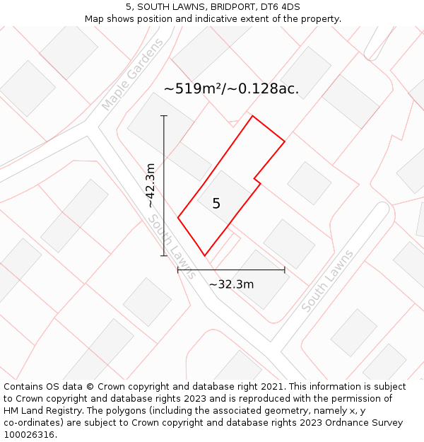 5, SOUTH LAWNS, BRIDPORT, DT6 4DS: Plot and title map