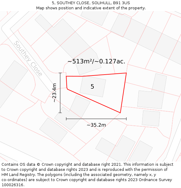 5, SOUTHEY CLOSE, SOLIHULL, B91 3US: Plot and title map