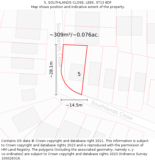 5, SOUTHLANDS CLOSE, LEEK, ST13 8DF: Plot and title map