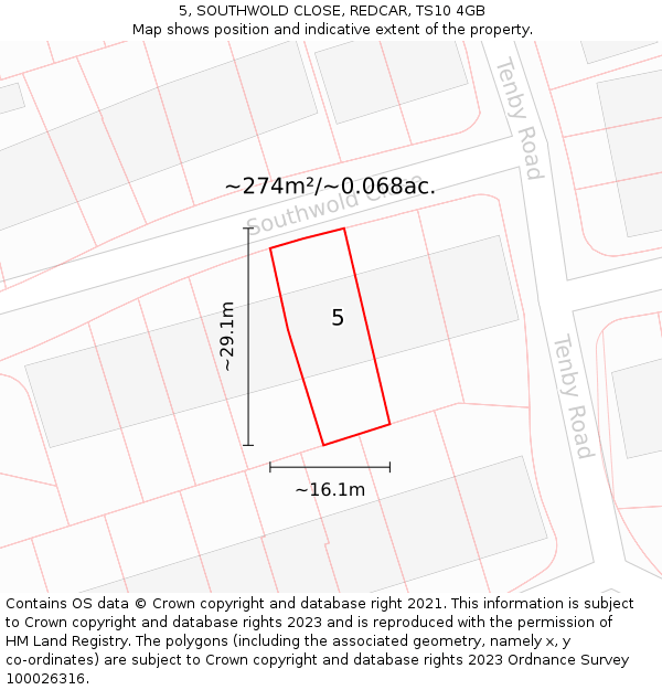 5, SOUTHWOLD CLOSE, REDCAR, TS10 4GB: Plot and title map