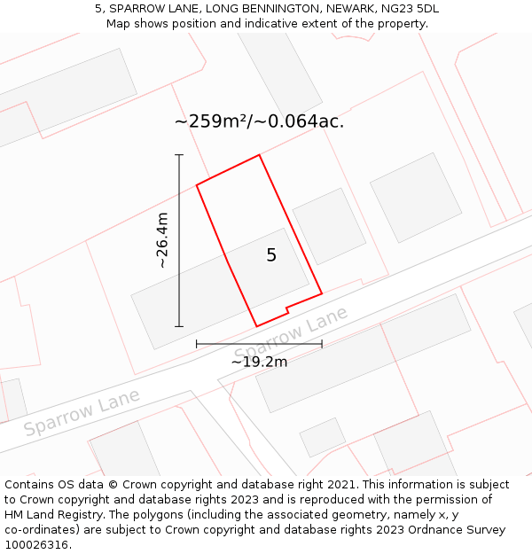 5, SPARROW LANE, LONG BENNINGTON, NEWARK, NG23 5DL: Plot and title map