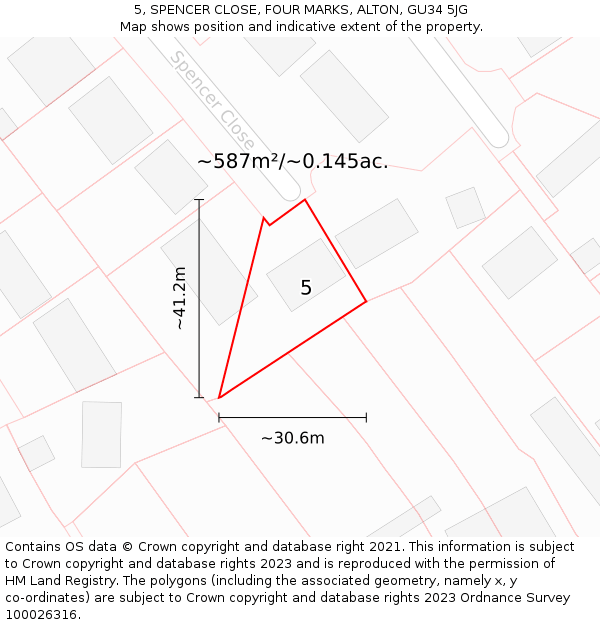 5, SPENCER CLOSE, FOUR MARKS, ALTON, GU34 5JG: Plot and title map