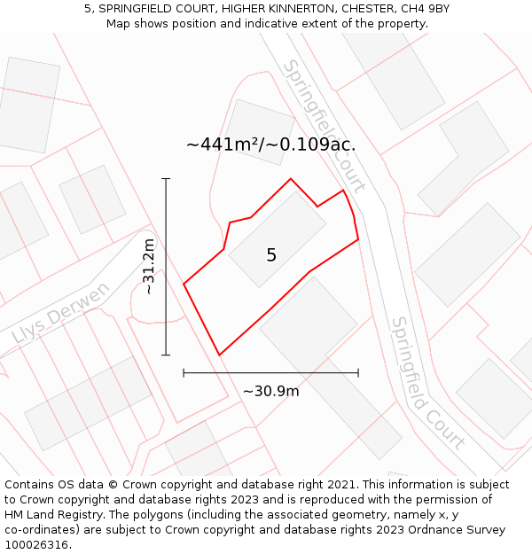 5, SPRINGFIELD COURT, HIGHER KINNERTON, CHESTER, CH4 9BY: Plot and title map