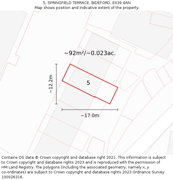 5, SPRINGFIELD TERRACE, BIDEFORD, EX39 4AN: Plot and title map