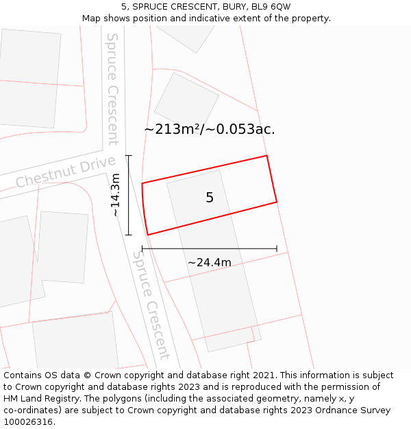 5, SPRUCE CRESCENT, BURY, BL9 6QW: Plot and title map
