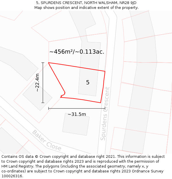 5, SPURDENS CRESCENT, NORTH WALSHAM, NR28 9JD: Plot and title map