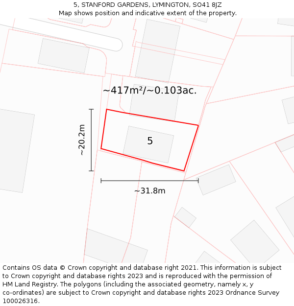 5, STANFORD GARDENS, LYMINGTON, SO41 8JZ: Plot and title map