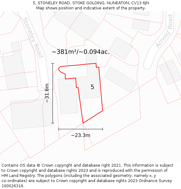 5, STONELEY ROAD, STOKE GOLDING, NUNEATON, CV13 6JN: Plot and title map