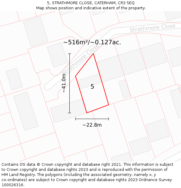 5, STRATHMORE CLOSE, CATERHAM, CR3 5EQ: Plot and title map