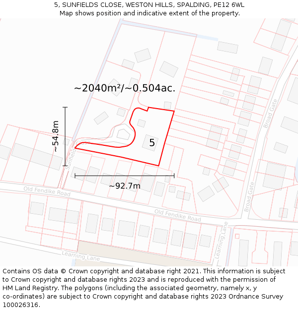 5, SUNFIELDS CLOSE, WESTON HILLS, SPALDING, PE12 6WL: Plot and title map