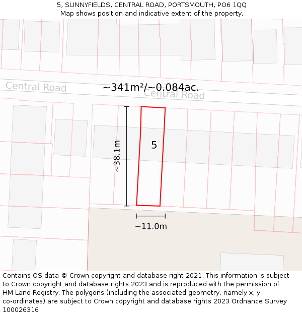 5, SUNNYFIELDS, CENTRAL ROAD, PORTSMOUTH, PO6 1QQ: Plot and title map