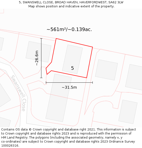 5, SWANSWELL CLOSE, BROAD HAVEN, HAVERFORDWEST, SA62 3LW: Plot and title map