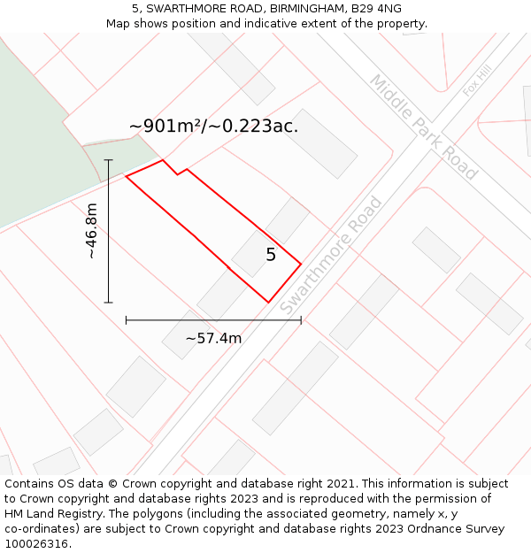 5, SWARTHMORE ROAD, BIRMINGHAM, B29 4NG: Plot and title map