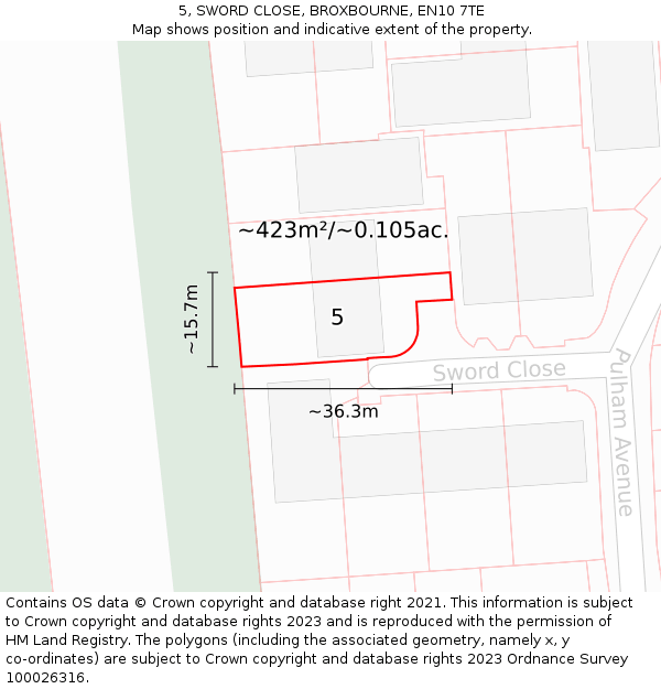 5, SWORD CLOSE, BROXBOURNE, EN10 7TE: Plot and title map