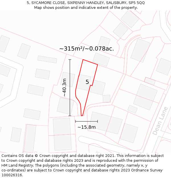 5, SYCAMORE CLOSE, SIXPENNY HANDLEY, SALISBURY, SP5 5QQ: Plot and title map