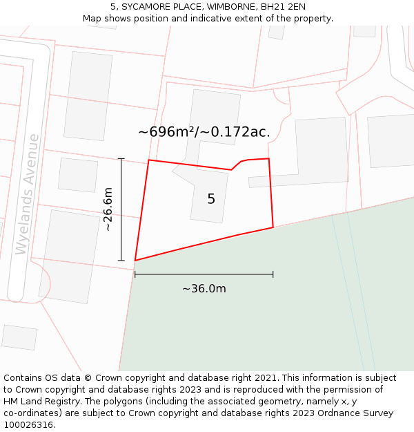 5, SYCAMORE PLACE, WIMBORNE, BH21 2EN: Plot and title map